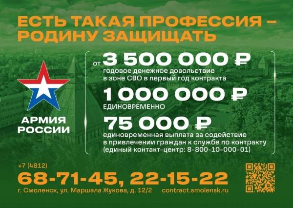 Смоляне начали получать по 75 тысяч рублей при подготовке кандидата к заключению контракта с Минобороны