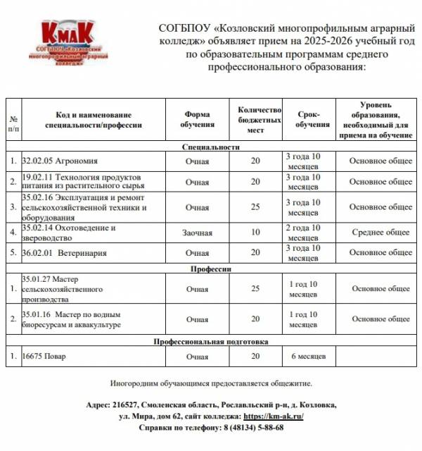 Стань студентом Козловского аграрного колледжа